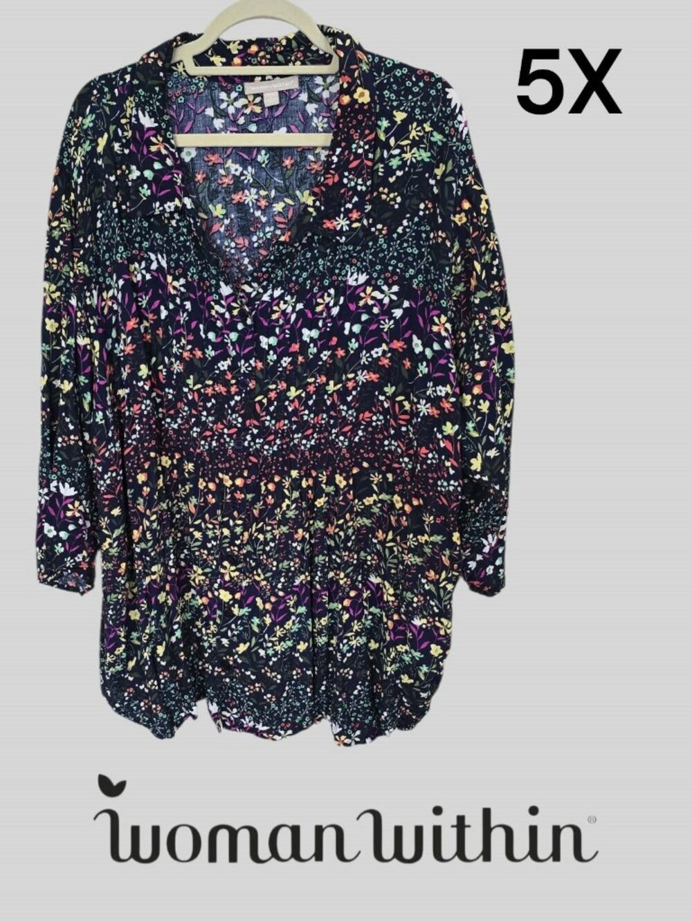 Woman Within Multi Color Floral Print Rayon Tunic Blouse Top Womens Plus 5X